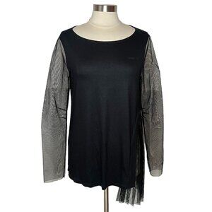 Malloni Top L Womens Avant Garde Black Sheer Mesh Long Sleeves Ruffle Italy